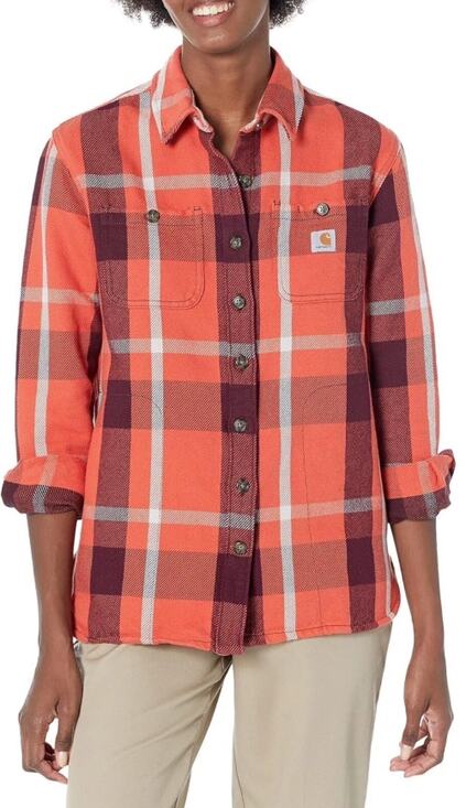 Carhartt Tops - CARHARTT orange plaid heavyweight Rugged Flex 100% cotton flannel shirt jacket